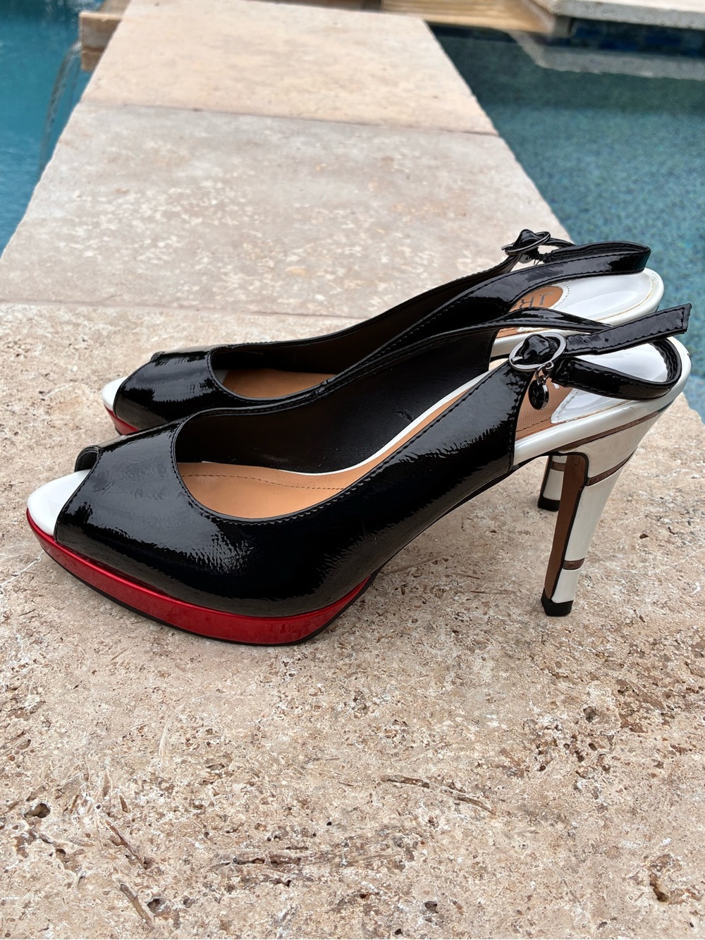 JRenee’ Patent Slingback Peep-Toe Heels in Black and Red
